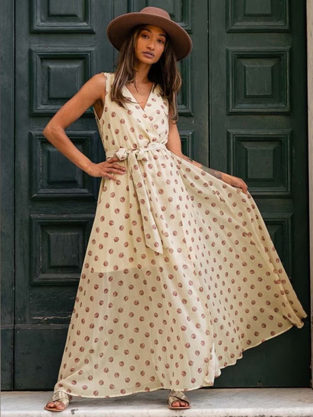 Joyfolie Mariam Sleeveless Chiffon V-Neck Faux Wrap Maxi Dress Floral Dot Sz M